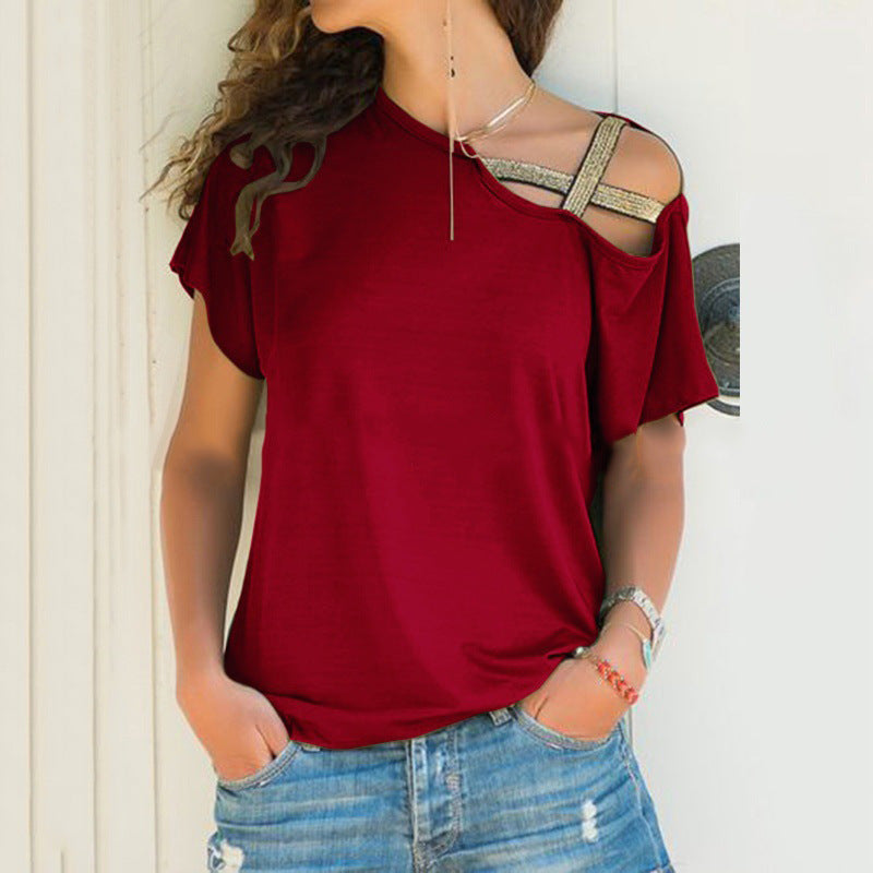 Skew Neck T-Shirt Summer Irregular Criss Cross Short Sleeves Sexy Off Shoulder Solid Tops Blusa Femme One Shoulder Shirt