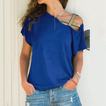 Skew Neck T-Shirt Summer Irregular Criss Cross Short Sleeves Sexy Off Shoulder Solid Tops Blusa Femme One Shoulder Shirt