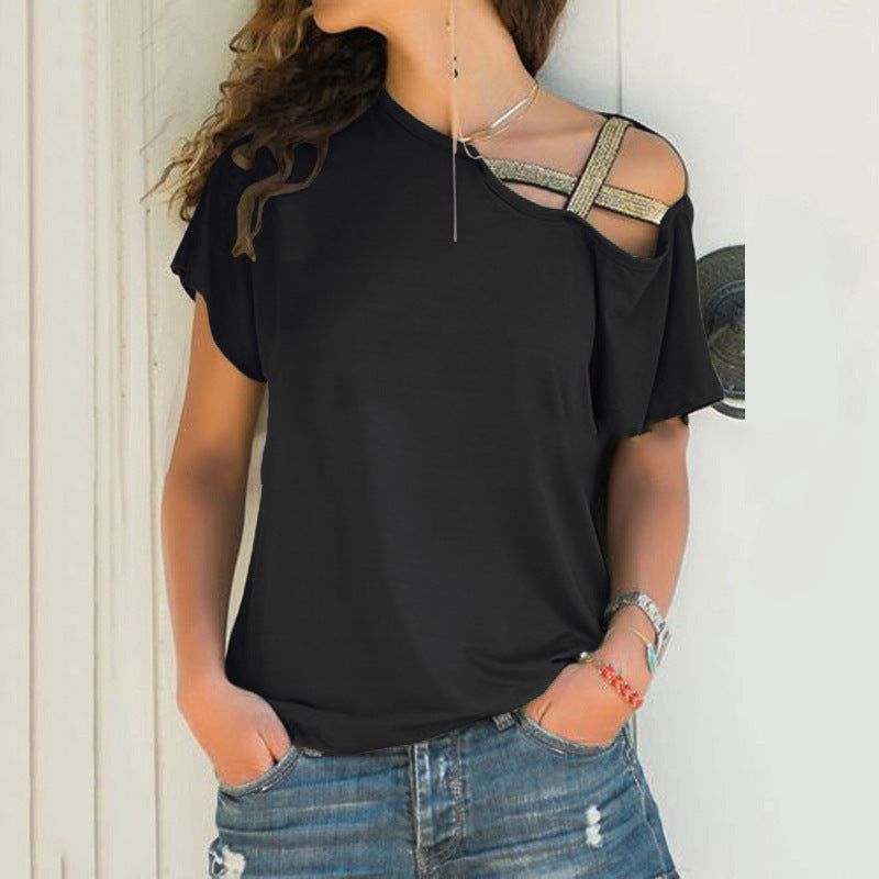 Skew Neck T-Shirt Summer Irregular Criss Cross Short Sleeves Sexy Off Shoulder Solid Tops Blusa Femme One Shoulder Shirt