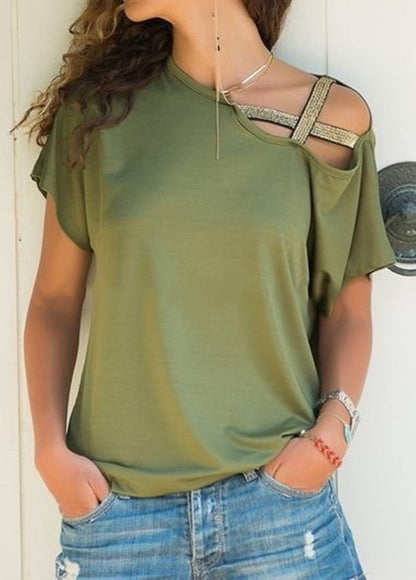 Skew Neck T-Shirt Summer Irregular Criss Cross Short Sleeves Sexy Off Shoulder Solid Tops Blusa Femme One Shoulder Shirt