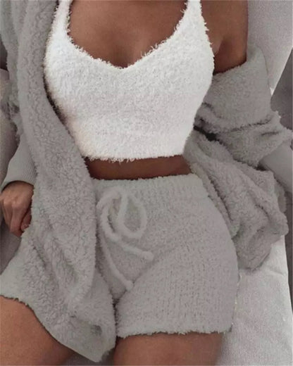 Casual Pajamas Set Lady Female Soft Warm Long Sleeve Exposed Navel Vest Shorts Set