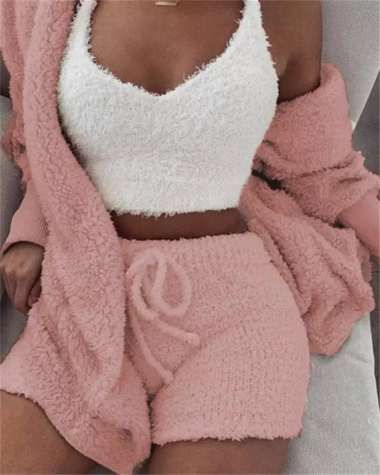 Casual Pajamas Set Lady Female Soft Warm Long Sleeve Exposed Navel Vest Shorts Set