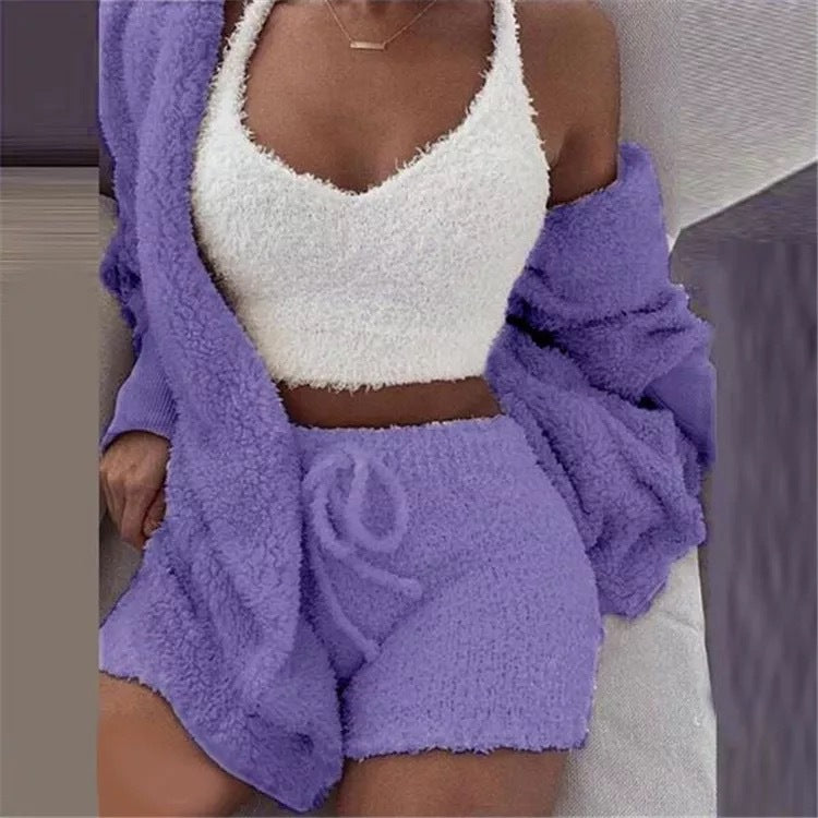 Casual Pajamas Set Lady Female Soft Warm Long Sleeve Exposed Navel Vest Shorts Set