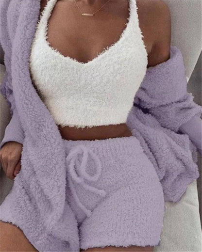 Casual Pajamas Set Lady Female Soft Warm Long Sleeve Exposed Navel Vest Shorts Set