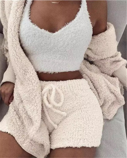 Casual Pajamas Set Lady Female Soft Warm Long Sleeve Exposed Navel Vest Shorts Set