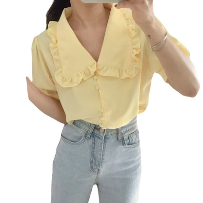 Sweet Short White Chiffon Blouse Women Ruffled Slim Women Shirt Tops Korean