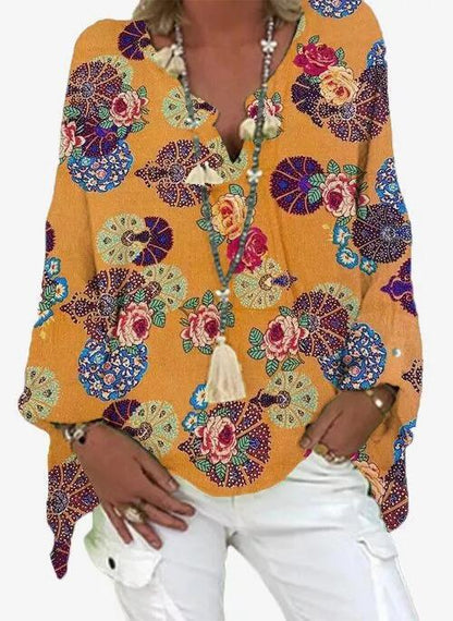 Paisley Indigenous Bohemian Print Open V Neck Shirt