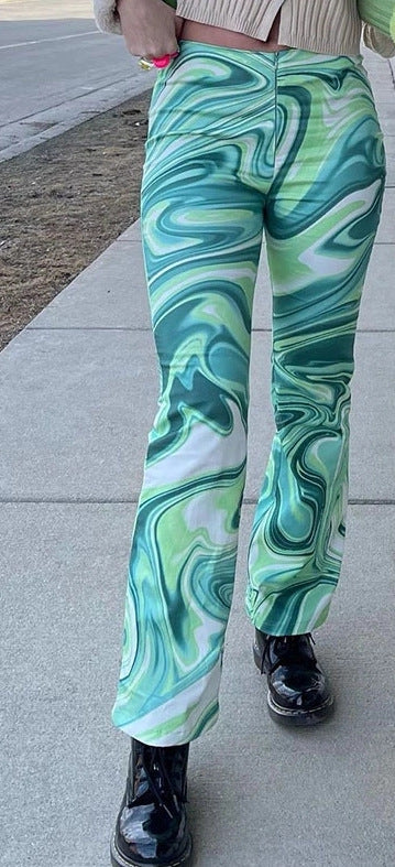 Water Ripple Mid Rise Flare Pants