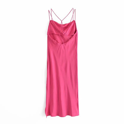 Hot Pink Smooth Textured Contrast Strappy Midaxi Dress