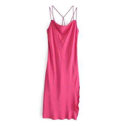 Hot Pink Smooth Textured Contrast Strappy Midaxi Dress