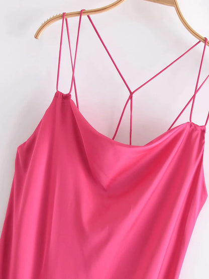 Hot Pink Smooth Textured Contrast Strappy Midaxi Dress