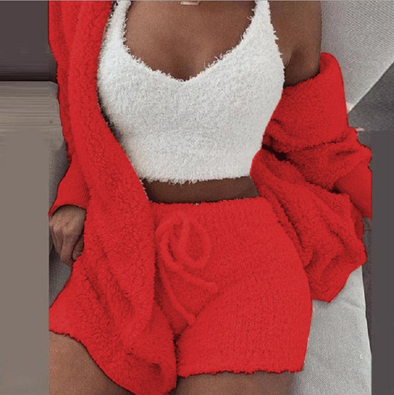 Casual Pajamas Set Lady Female Soft Warm Long Sleeve Exposed Navel Vest Shorts Set