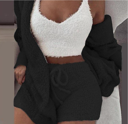 Casual Pajamas Set Lady Female Soft Warm Long Sleeve Exposed Navel Vest Shorts Set