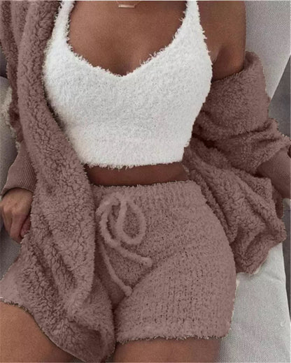 Casual Pajamas Set Lady Female Soft Warm Long Sleeve Exposed Navel Vest Shorts Set