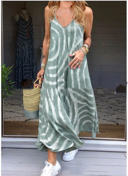 V Neck Strap Swirl Print Summer Dress