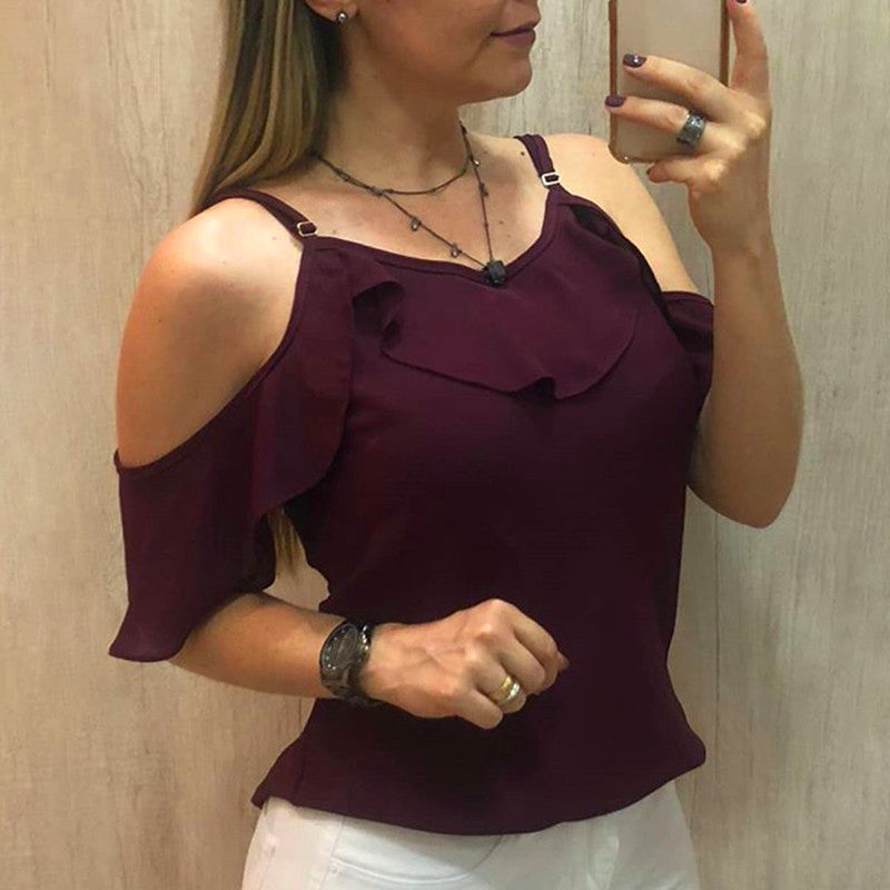 Sling Ruffles Short Sleeve Blouse Women Summer Clothes