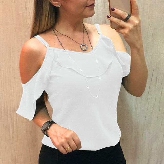 Sling Ruffles Short Sleeve Blouse Women Summer Clothes