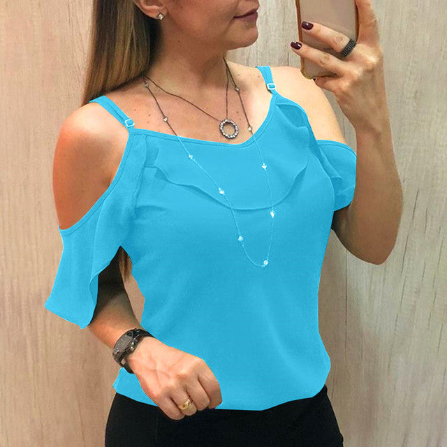 Sling Ruffles Short Sleeve Blouse Women Summer Clothes