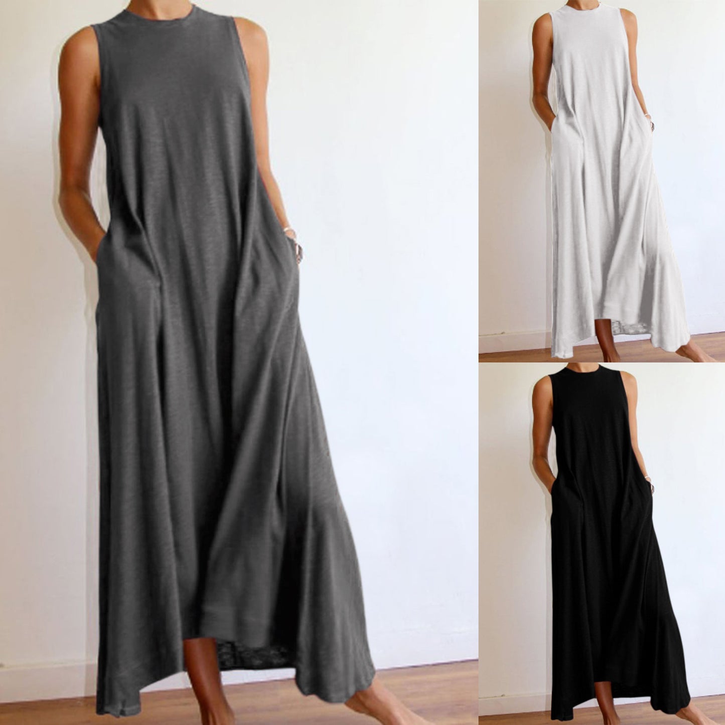 Sleeveless Grey Tone Summer Maxi Draped Dress with Pockets