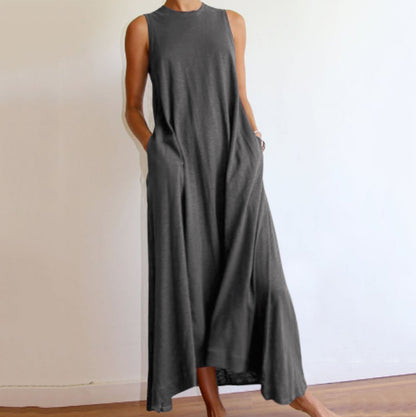 Sleeveless Grey Tone Summer Maxi Draped Dress with Pockets