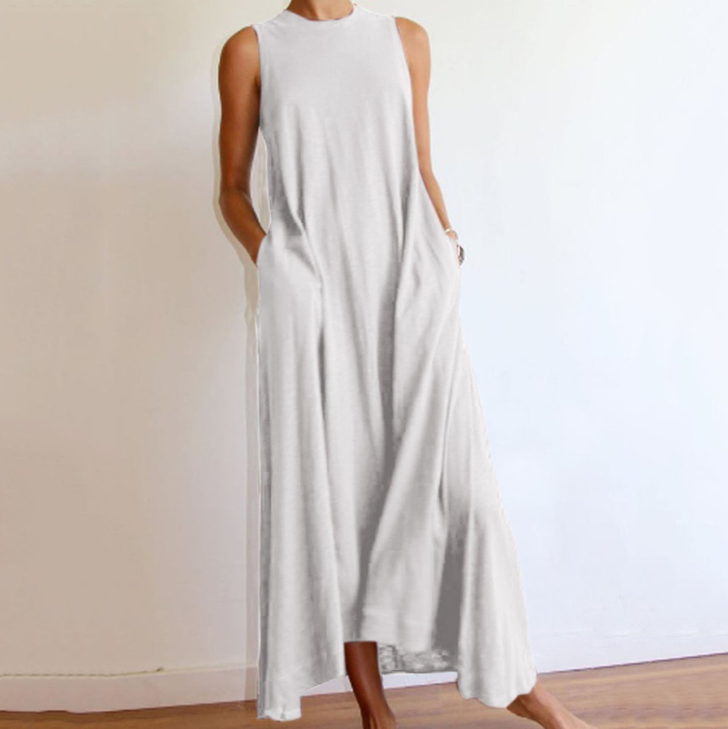 Sleeveless Grey Tone Summer Maxi Draped Dress with Pockets