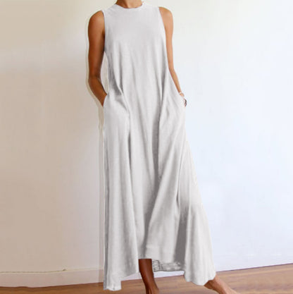 Sleeveless Grey Tone Summer Maxi Draped Dress with Pockets