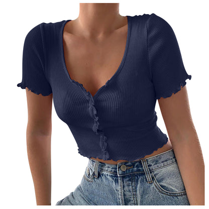 Pastel V Neck Ruffles Short Sleeve T Shirt Women Summer Casual Button Crop Top Basic Blue T Shirt Tops