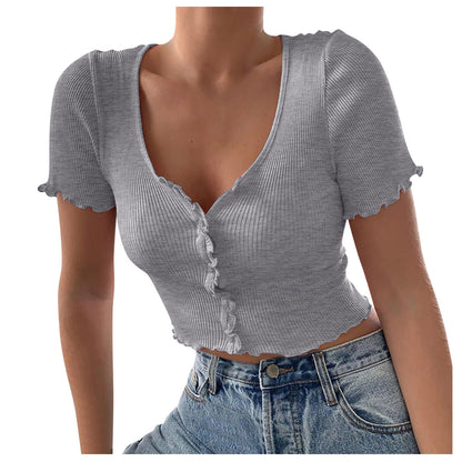 Pastel V Neck Ruffles Short Sleeve T Shirt Women Summer Casual Button Crop Top Basic Blue T Shirt Tops