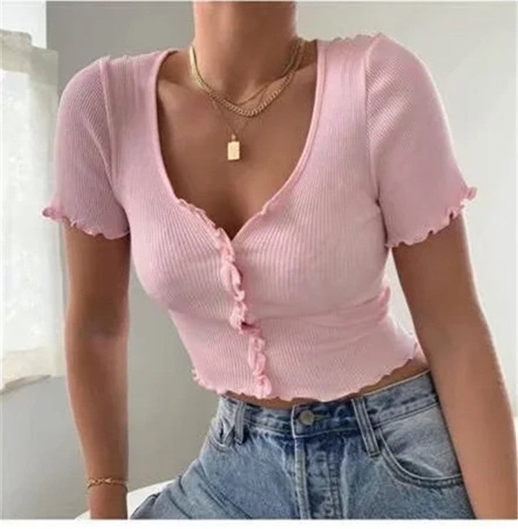 Pastel V Neck Ruffles Short Sleeve T Shirt Women Summer Casual Button Crop Top Basic Blue T Shirt Tops