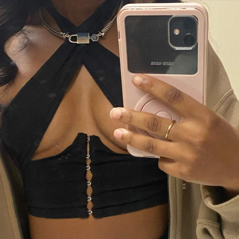 Cryptographic Breasted Halter Wrap Crop Top