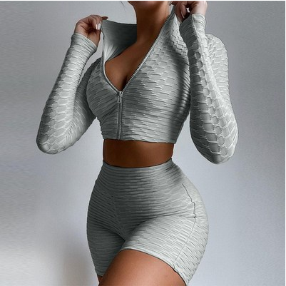 Honeycomb Scrunch Seamless Zip Up Top and Shorts Set