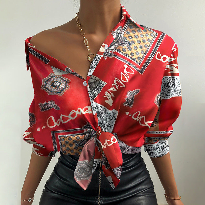 New Fashion Digital Printing Lantern Sleeve Long Sleeve Shirt Women