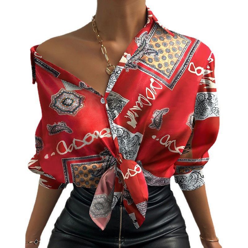 New Fashion Digital Printing Lantern Sleeve Long Sleeve Shirt Women