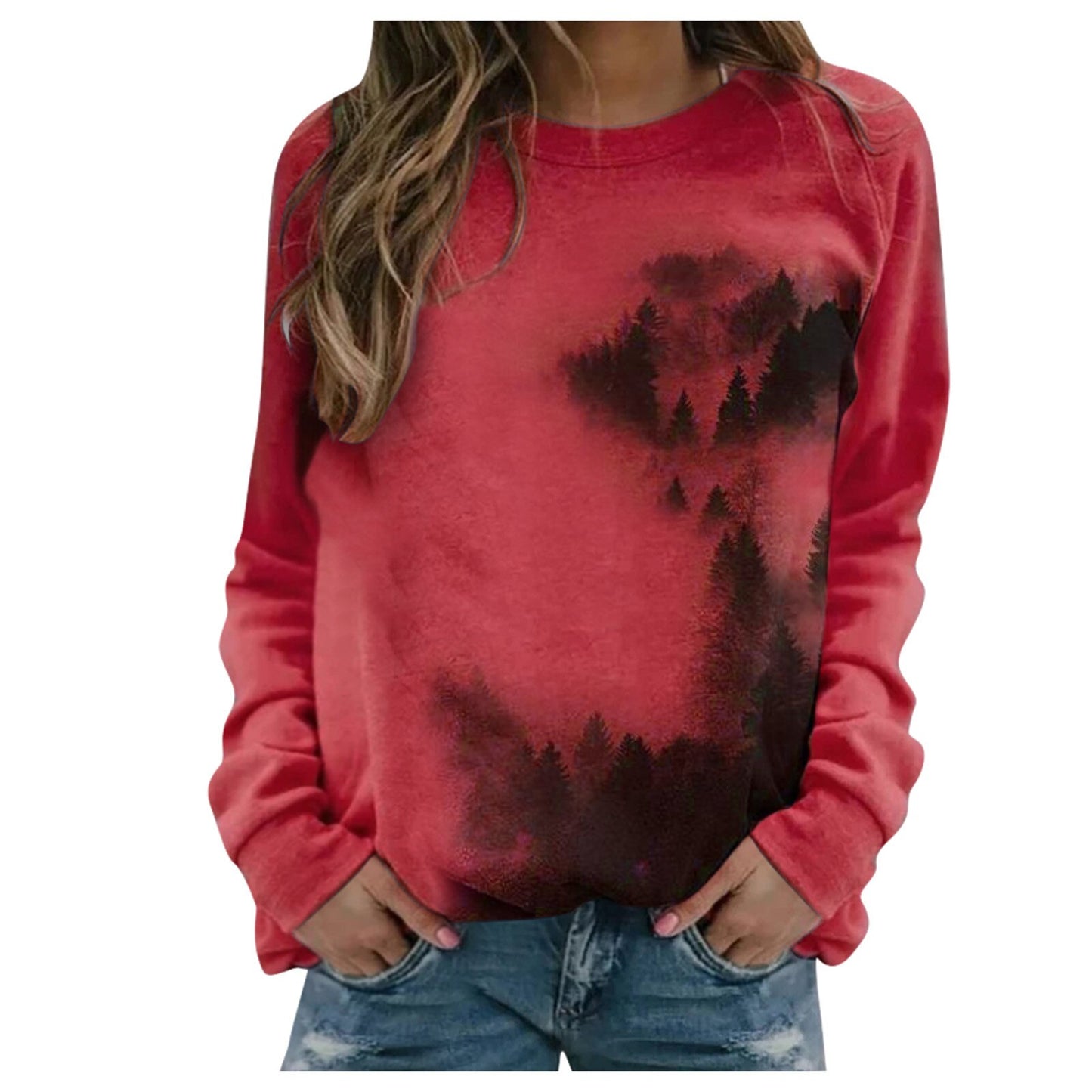 Mountains Pattern Print Sweatshirts Warm Autumn Aesthetic Clothing O Neck Long Sleeve Shirts Casual Loose Comfy Tunic Tops