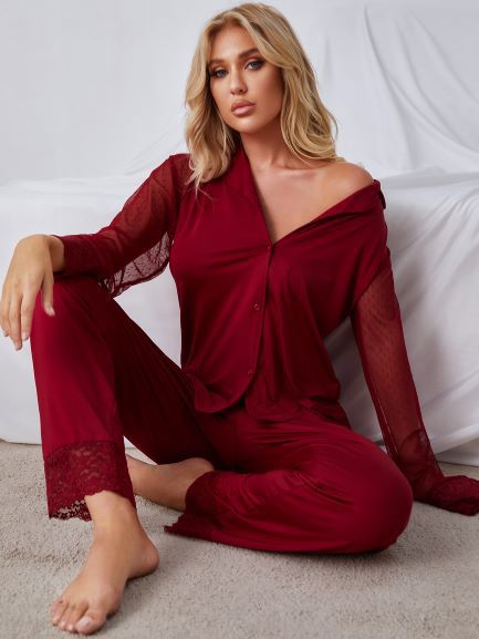 Red Net Gauze Long-sleeved Top And Trousers Pajama Set