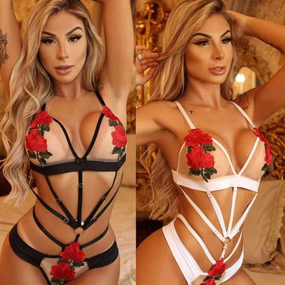 Floral Embroidery Garter Lingerie One Piece