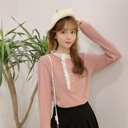 Standing Collar and Pearl Button Detail Frill Lace Long Sleeve Sweater