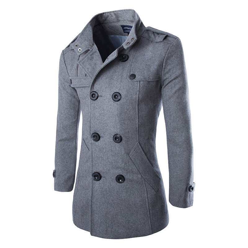 Slim-fit Double-breasted Mid-length Woolen Coat