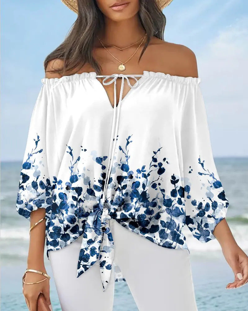 Sexy Off Shoulder Printed Chiffon Shirt Women Fashion Tied Detail Long Sleeve Pullover Tops Street Vintage Lady Blouse