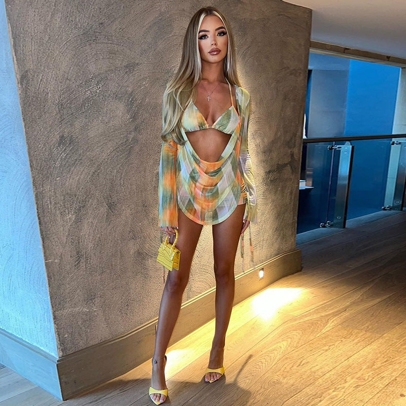 Tropical Print Long Sleeve Mini Dress and Bikini