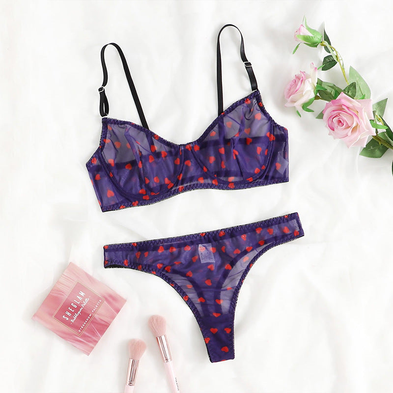 Love Heart Print Mesh Lace G String Set