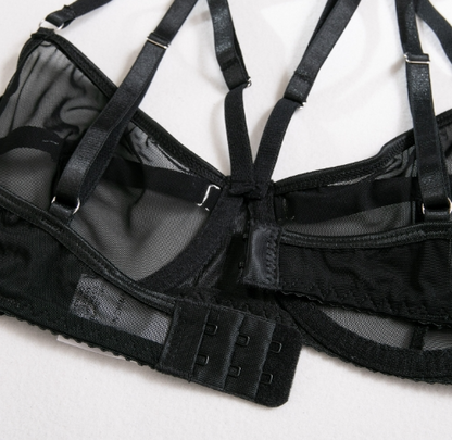 Sheer Mesh Strap Buckle Detail Lingerie Set