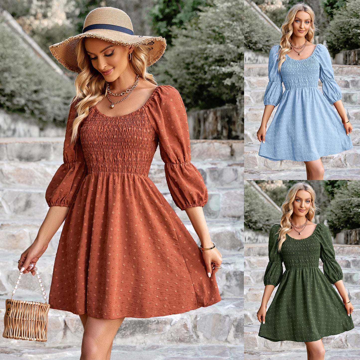 Summer Waist-tight Puff Sleeve Picnic Dress Women