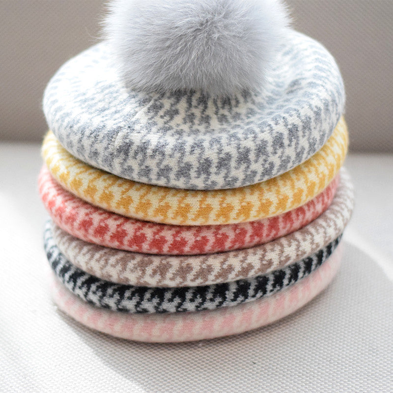 Women's Autumn And Winter Fox Fur Ball Knitted Octagonal beanie