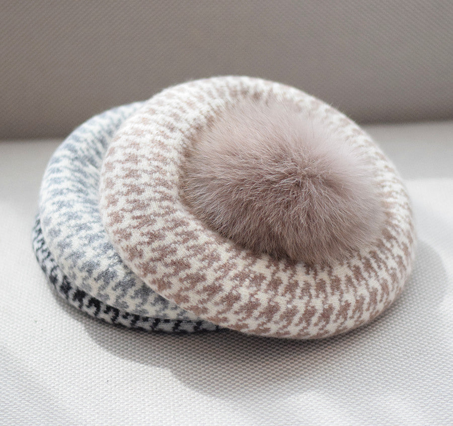 Women's Autumn And Winter Fox Fur Ball Knitted Octagonal beanie