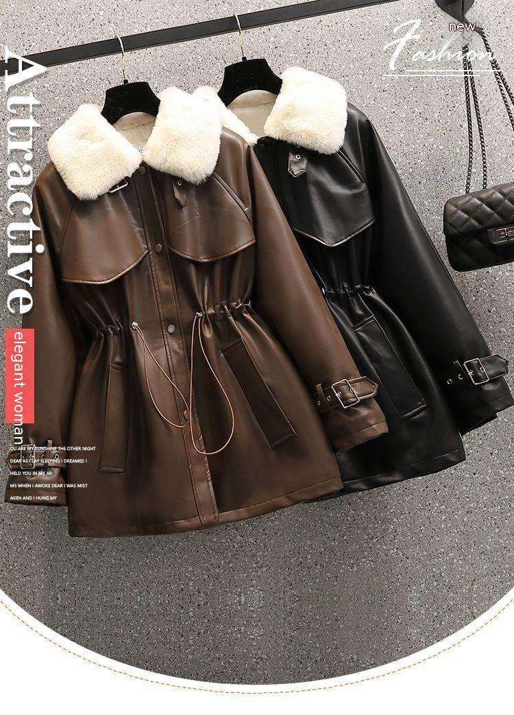 Winter Fashion Temperament Waist-controlled Fleece-lined Leather Coat