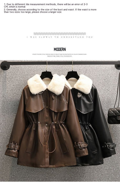 Winter Fashion Temperament Waist-controlled Fleece-lined Leather Coat