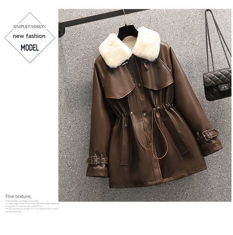 Winter Fashion Temperament Waist-controlled Fleece-lined Leather Coat