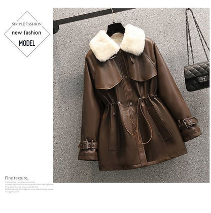 Winter Fashion Temperament Waist-controlled Fleece-lined Leather Coat