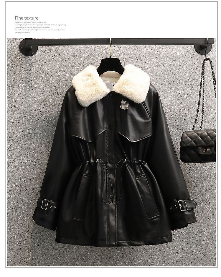 Winter Fashion Temperament Waist-controlled Fleece-lined Leather Coat